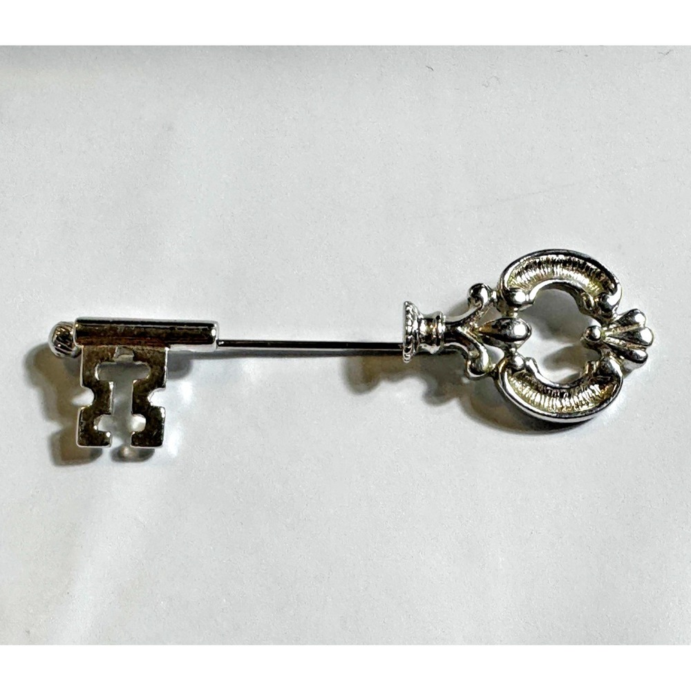 Avon Vintage Silver Tone Skeleton Key Stick Pin Ornate Victorian Style 2.5 Inch